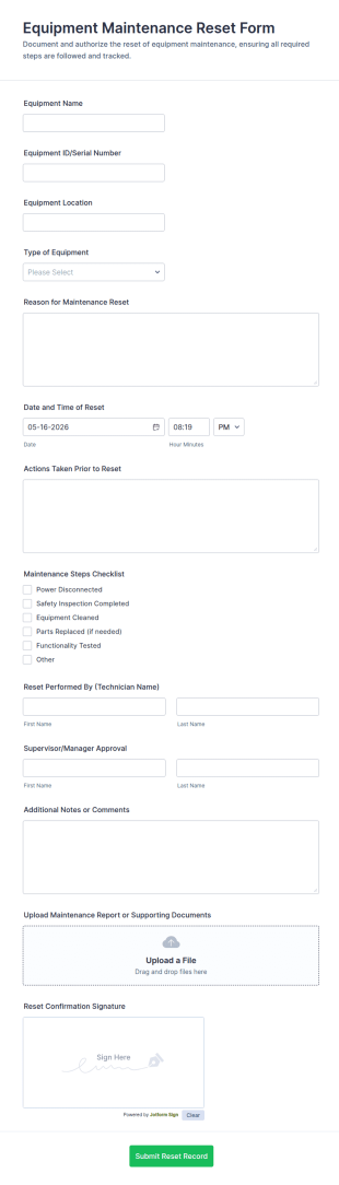Equipment Maintenance Reset Form Template