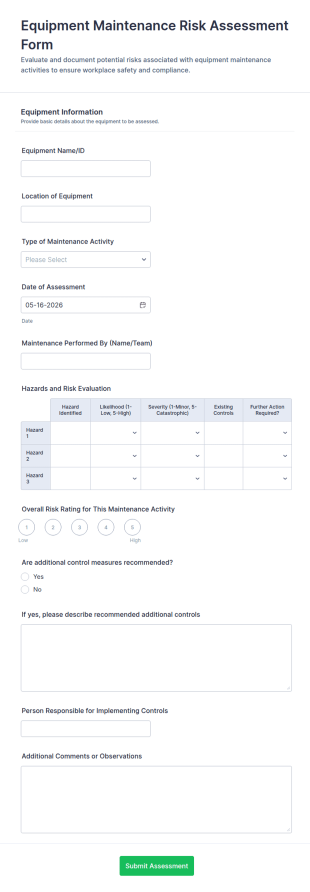 Equipment Maintenance Risk Assessment Form Template