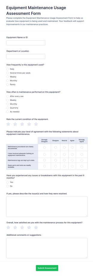 Equipment Maintenance Usage Assessment Form Template