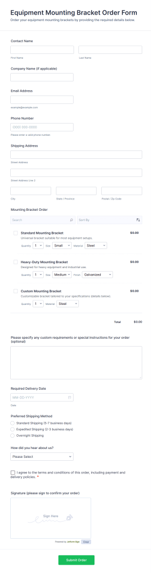Equipment Mounting Bracket Order Form Template