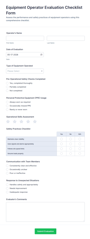 Equipment Operator Evaluation Checklist Form Template