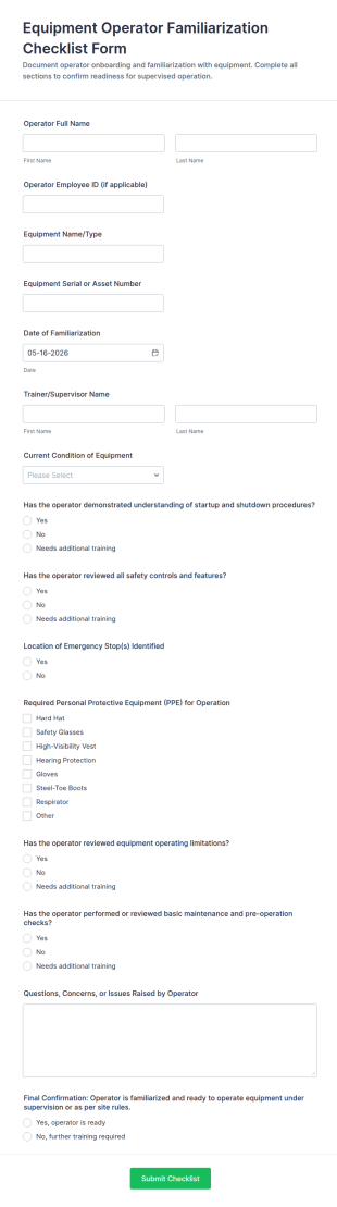Equipment Operator Familiarization Checklist Form Template