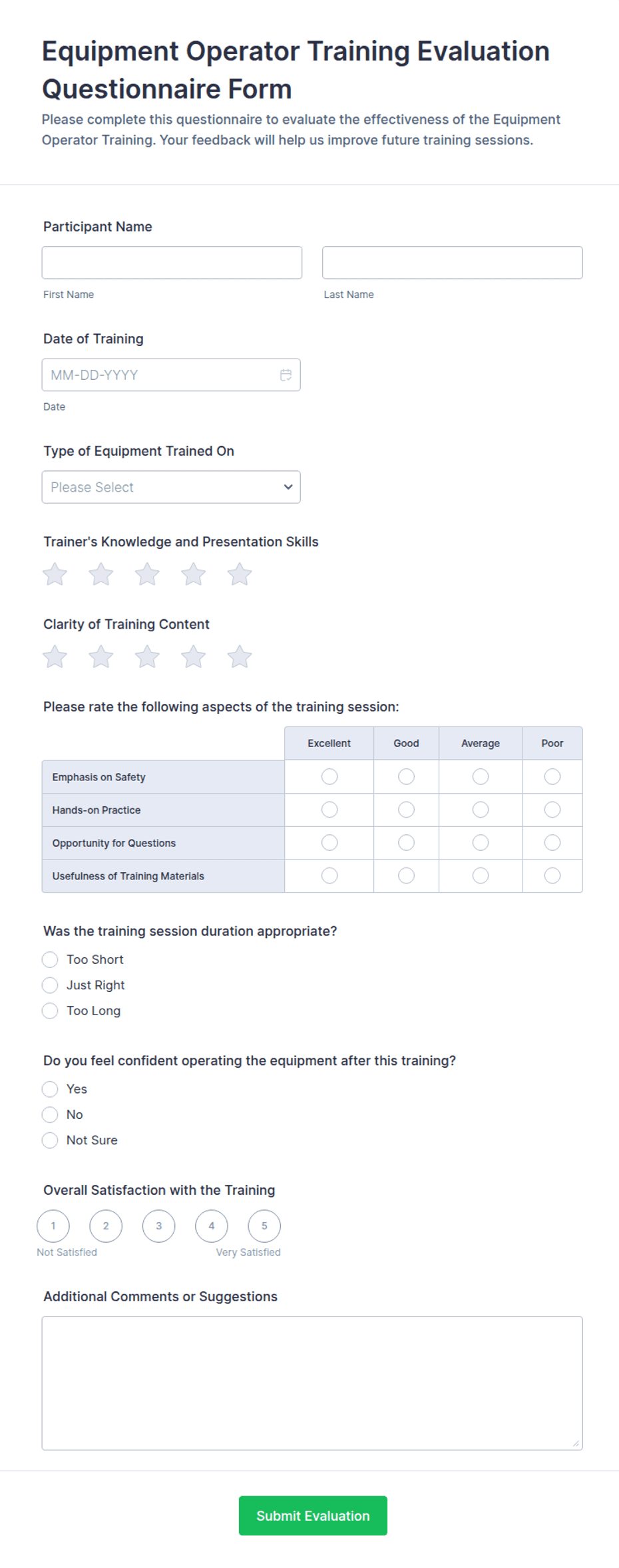 Equipment Operator Training Evaluation Questionnaire Form Template ...