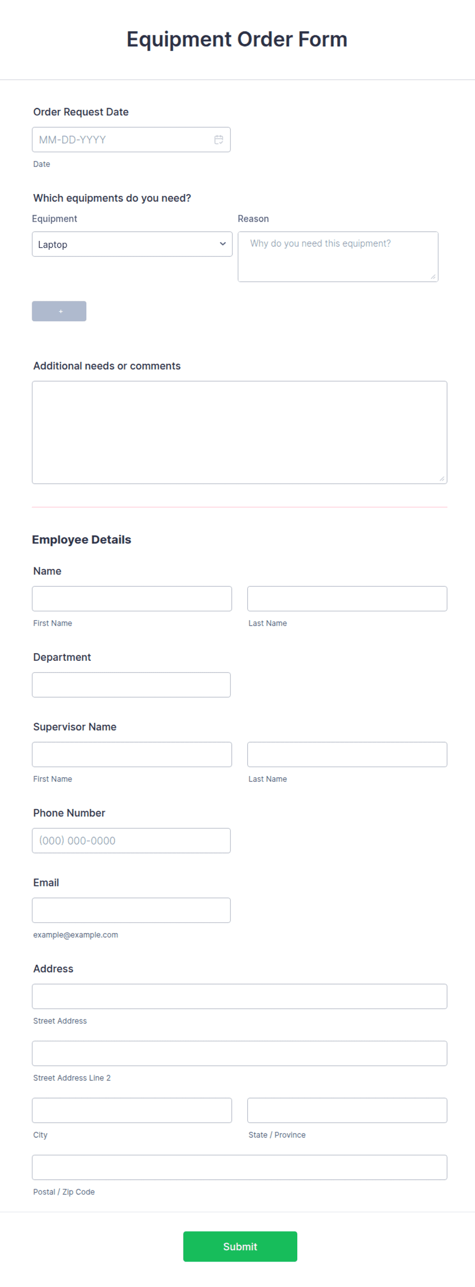 Hardware Order Form Page Example Equipment Order Form Template | Jotform