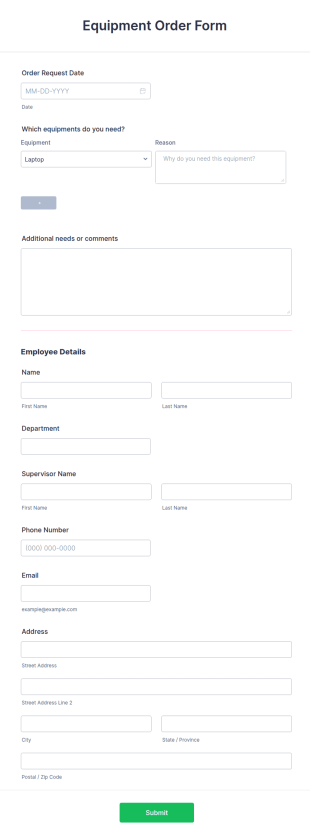 Equipment Order Form Template
