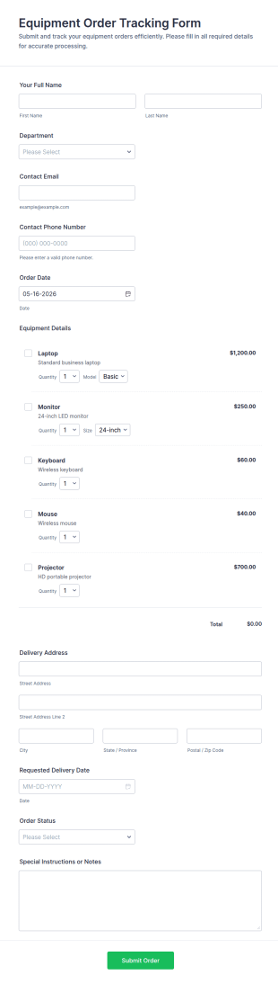 Equipment Order Tracking Form Template
