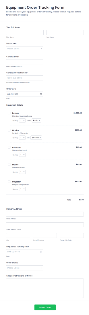 Equipment Order Tracking Form Template