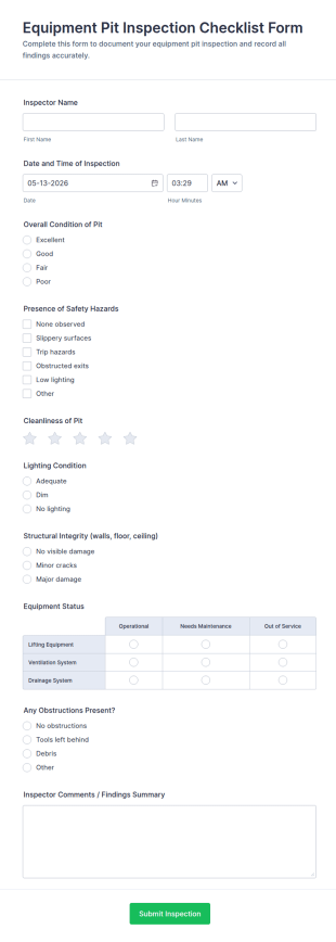 Equipment Pit Inspection Checklist Form Template