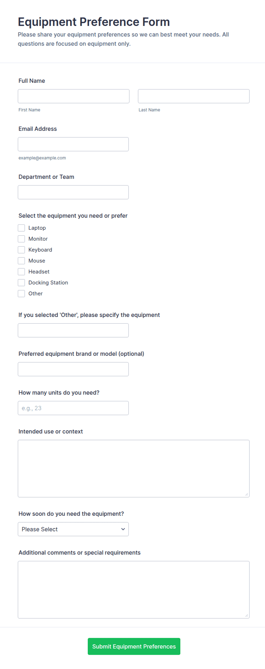 Equipment Preference Form Template | Jotform
