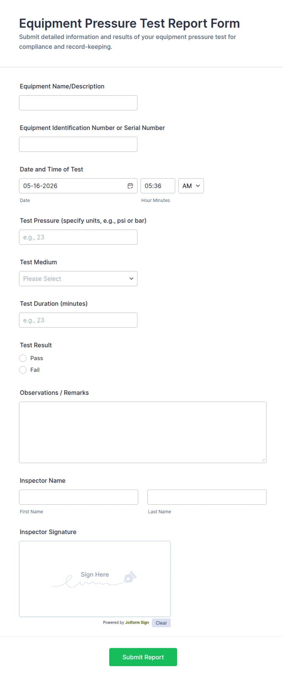 Persure Repote Example Equipment Pressure Test Report Form Template | Jotform