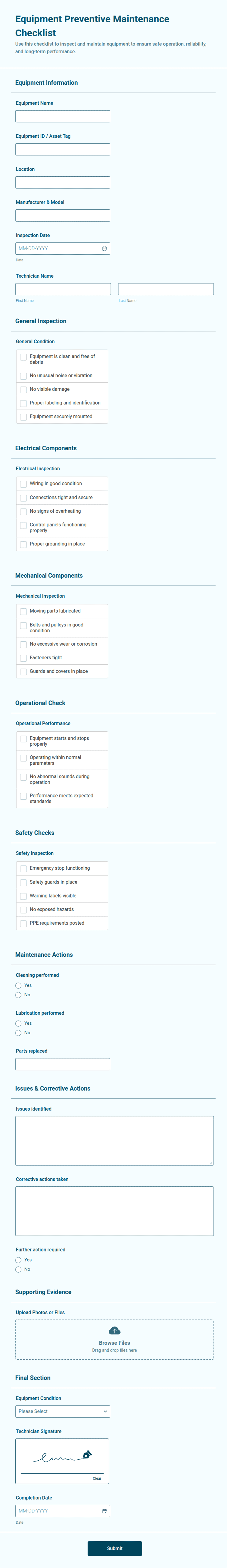 Equipment Preventive Maintenance Checklist Form Template | Jotform