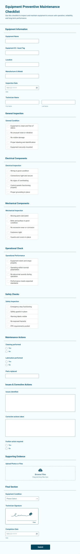 Equipment Preventive Maintenance Checklist Form Template