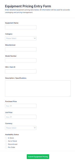 Equipment Pricing Entry Form Template