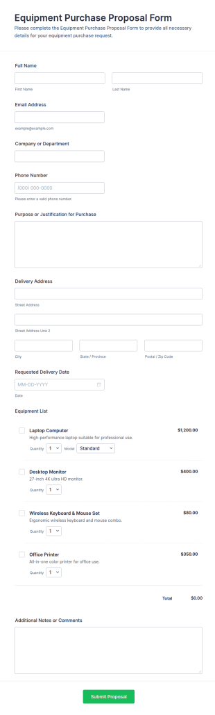 Equipment Purchase Proposal Form Template