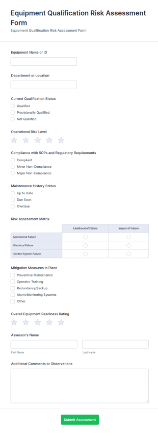 Equipment Qualification Risk Assessment Form Template