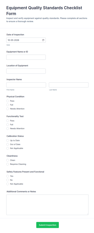 Equipment Quality Standards Checklist Form Template