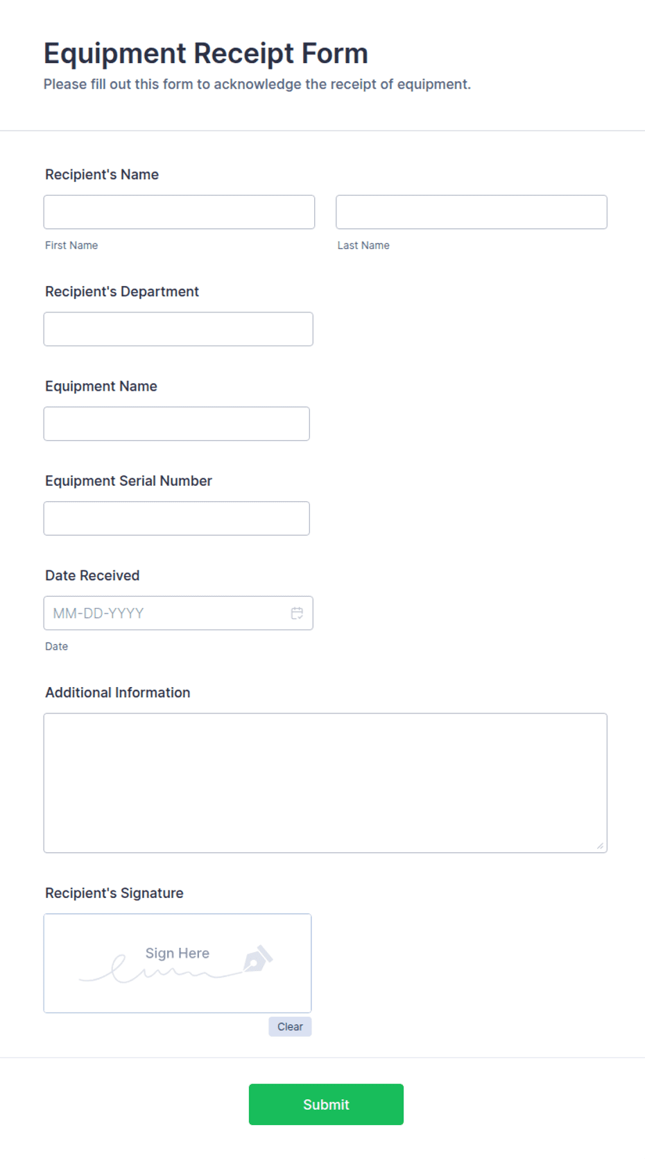 Equipment Receipt Form Template | Jotform