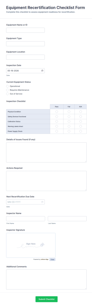 Equipment Recertification Checklist Form Template