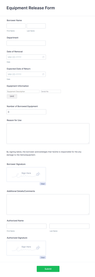 Equipment Release Form Template