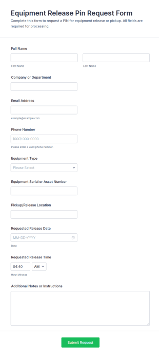 Equipment Release Pin Request Form Template