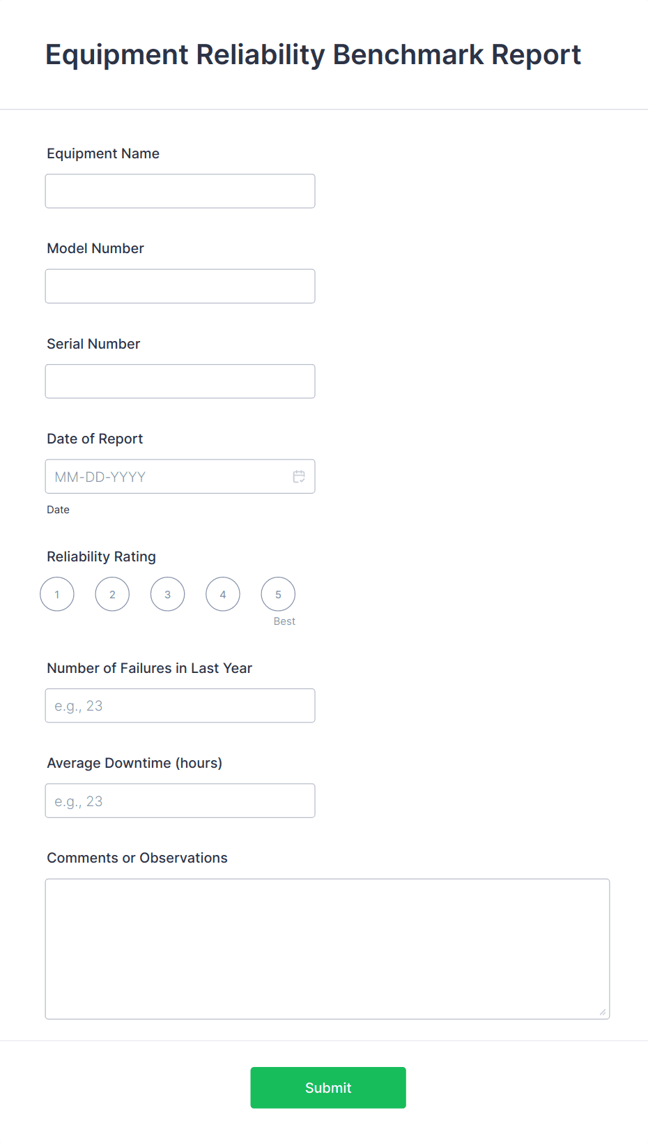 Equipment Reliability Benchmark Report Form Template | Jotform