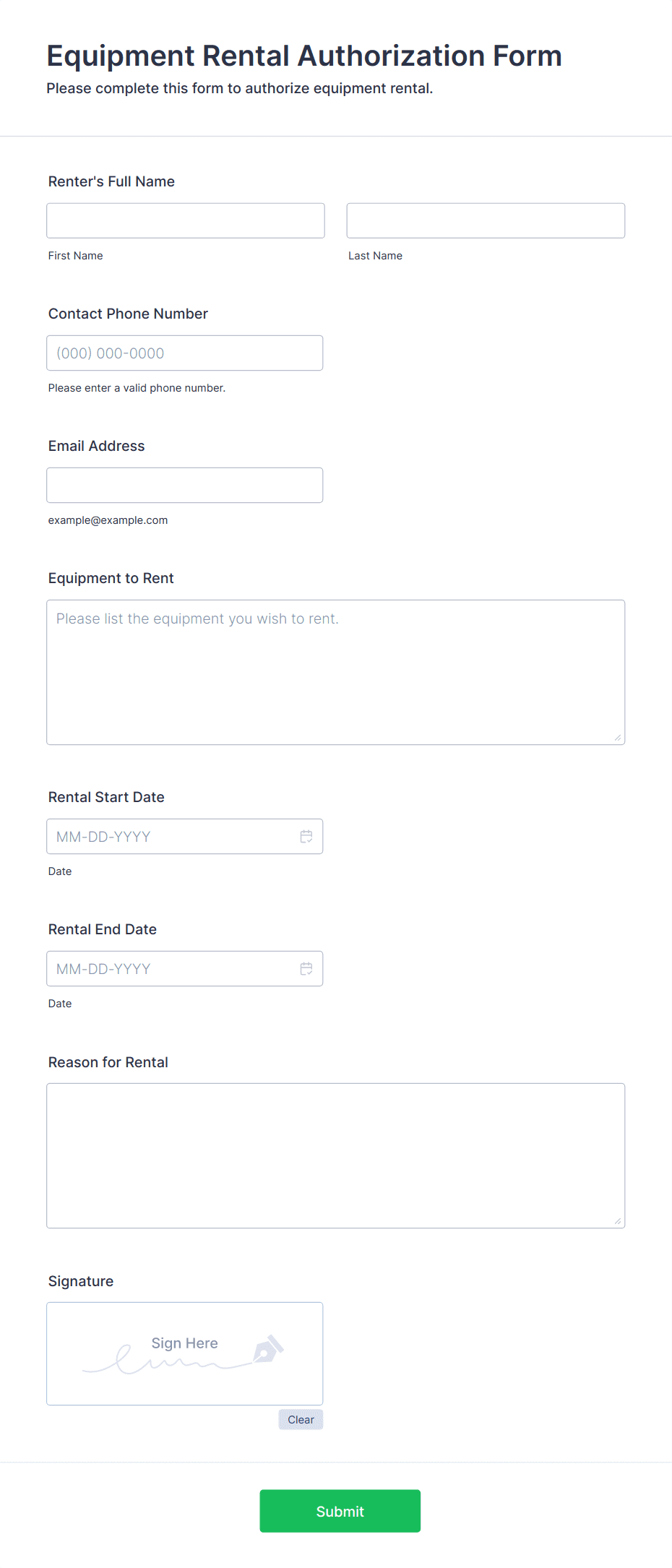 Equipment Rental Authorization Form Template | Jotform