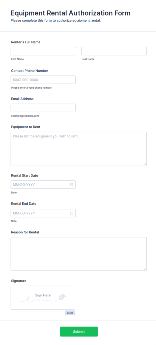 Equipment Rental Authorization Form Template