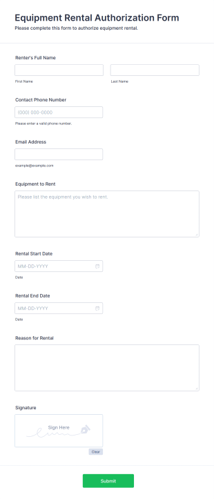 Equipment Rental Authorization Form Template