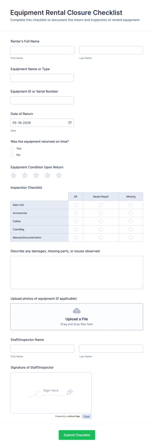 Equipment Rental Closure Checklist Form Template