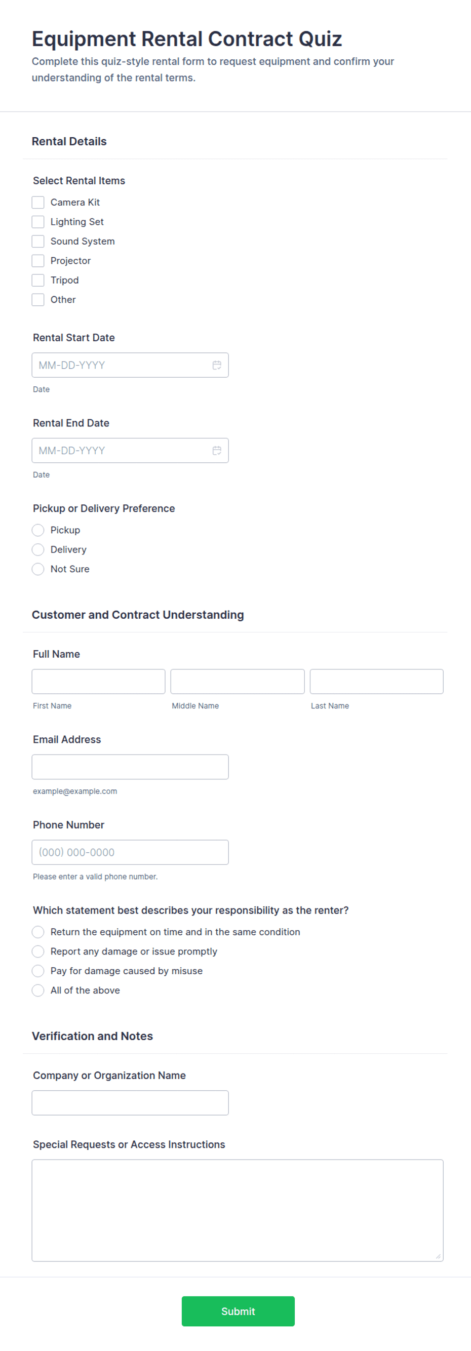 Equipment Rental Contract Quiz Form Template | Jotform