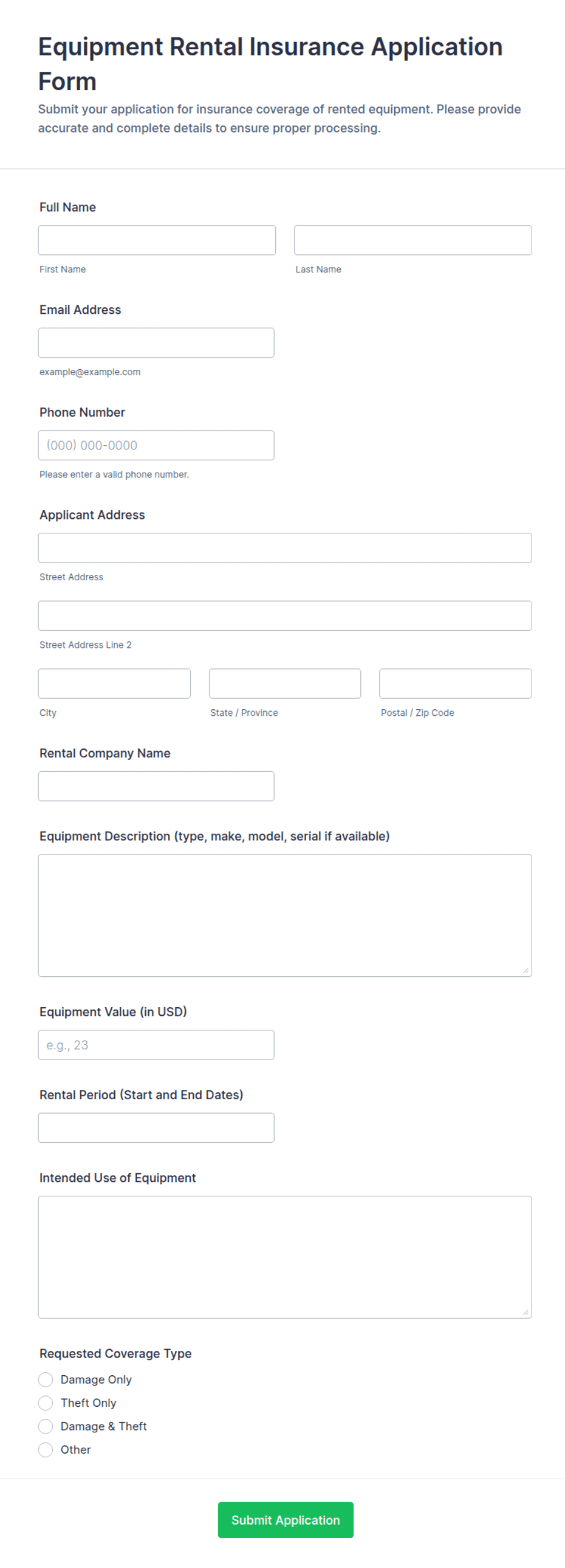 Equipment Rental Insurance Application Form Template | Jotform