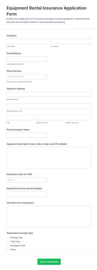 Equipment Rental Insurance Application Form Template