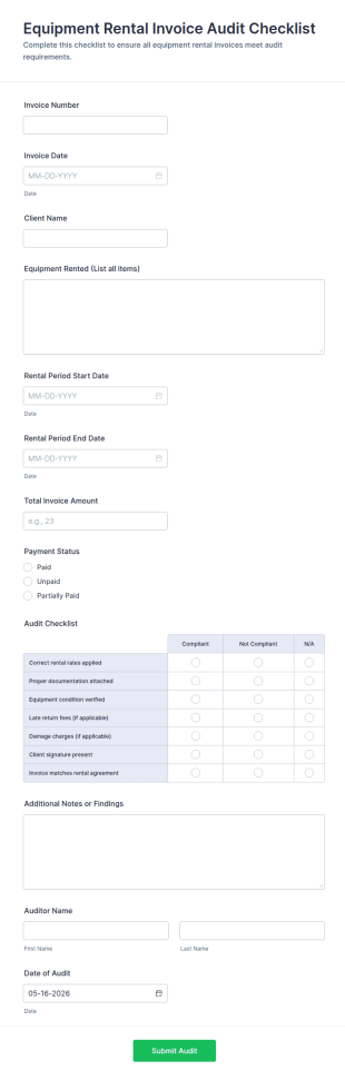 Equipment Rental Invoice Audit Checklist Form Template