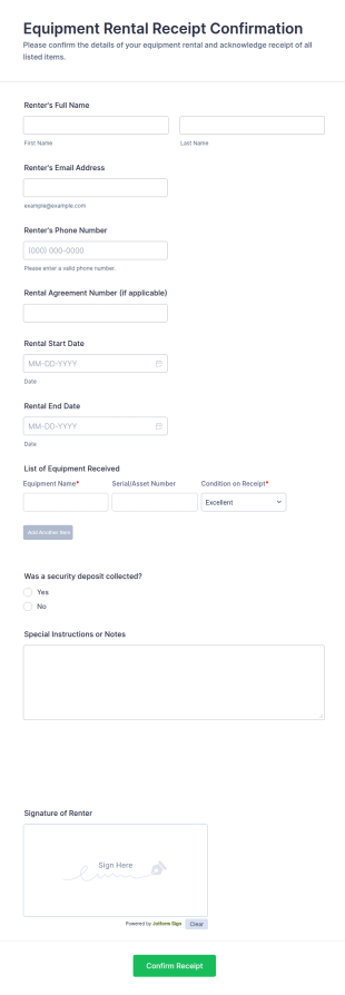 Equipment Rental Receipt Confirmation Form Template