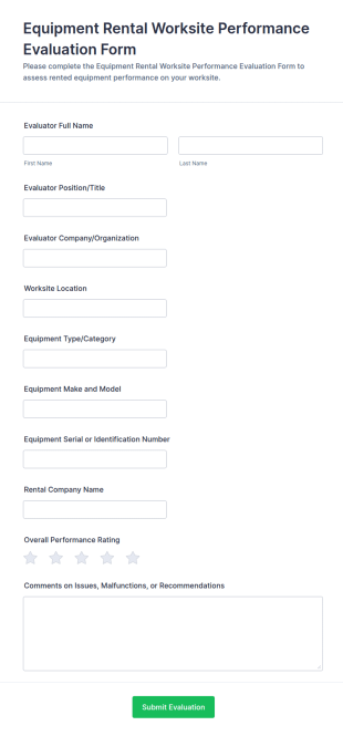 Equipment Rental Worksite Performance Evaluation Form Template