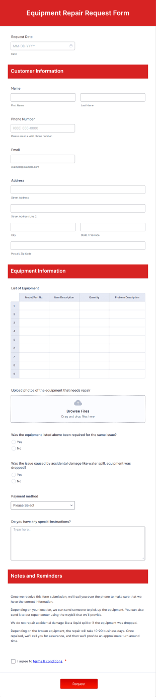 Equipment Repair Request Form Template