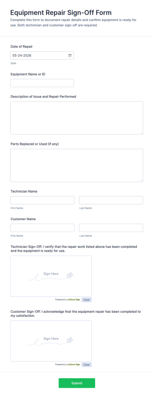 Equipment Repair Sign Off Form Template