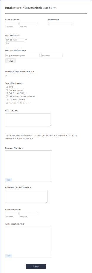 Equipment Request And Release Form Template