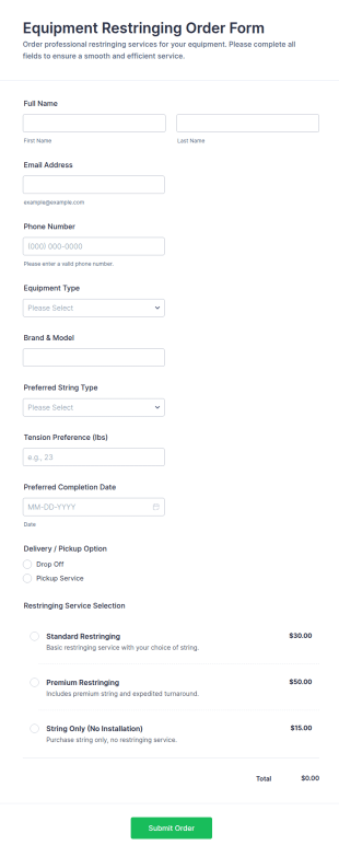 Equipment Restringing Order Form Template