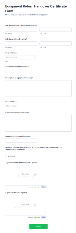 Equipment Return Handover Certificate Form Template