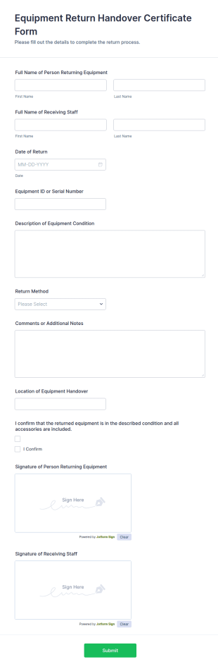 Equipment Return Handover Certificate Form Template