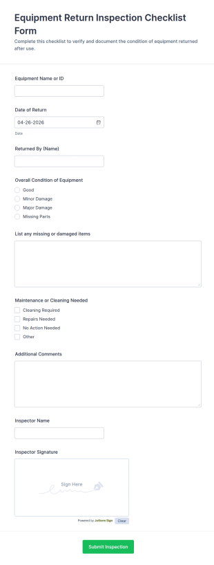 Equipment Return Inspection Checklist Form Template