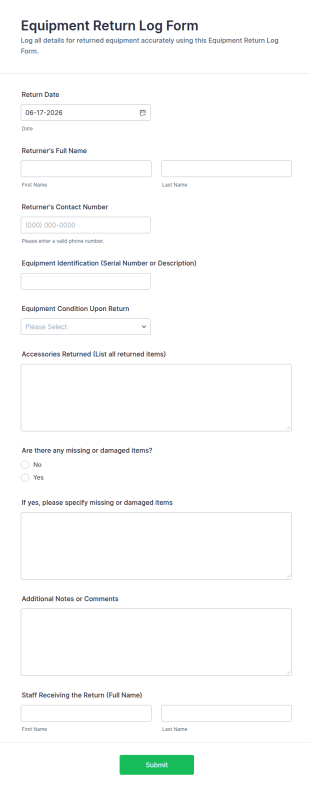 Equipment Return Log Form Template