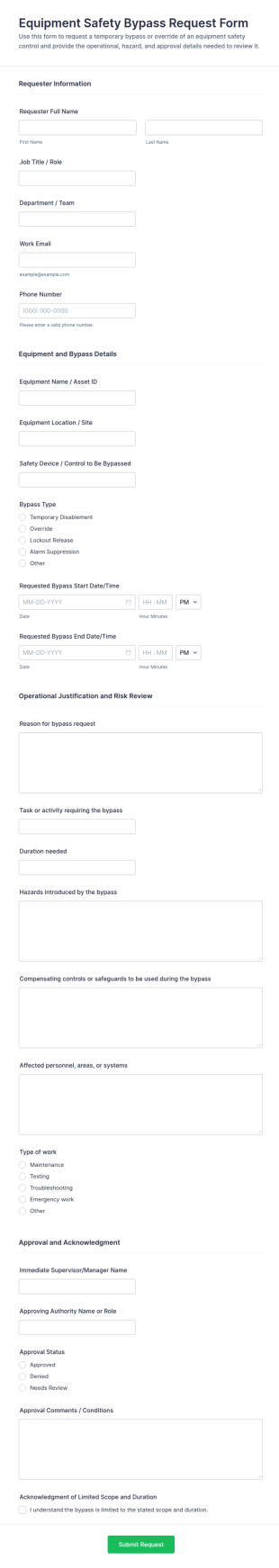 Equipment Safety Bypass Request Form Template