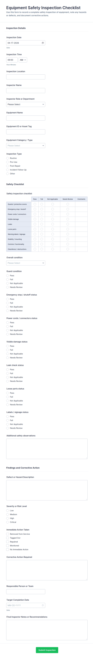 Equipment Safety Inspection Checklist Form Template