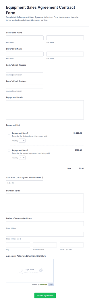 Equipment Sales Agreement Contract Form Template