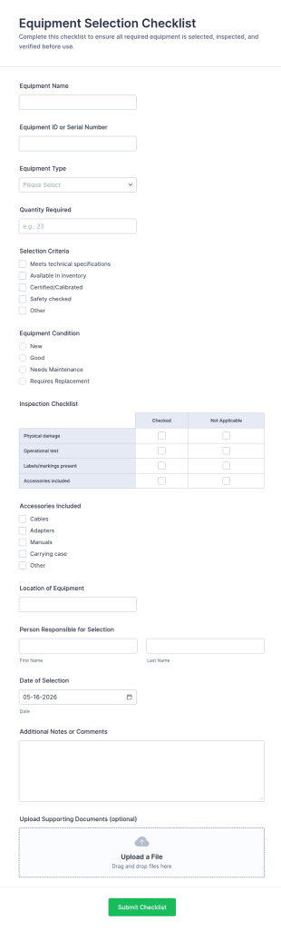 Equipment Selection Checklist Form Template