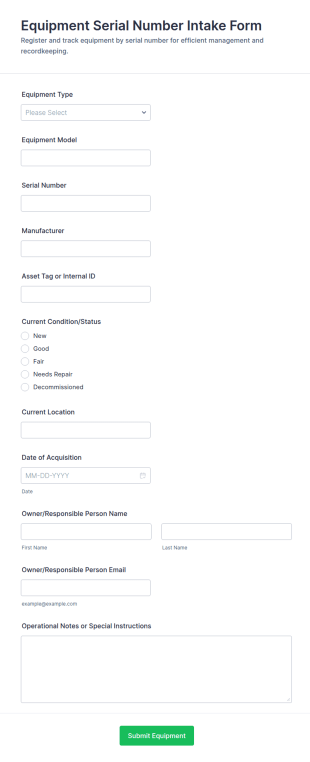 Equipment Serial Number Intake Form Template