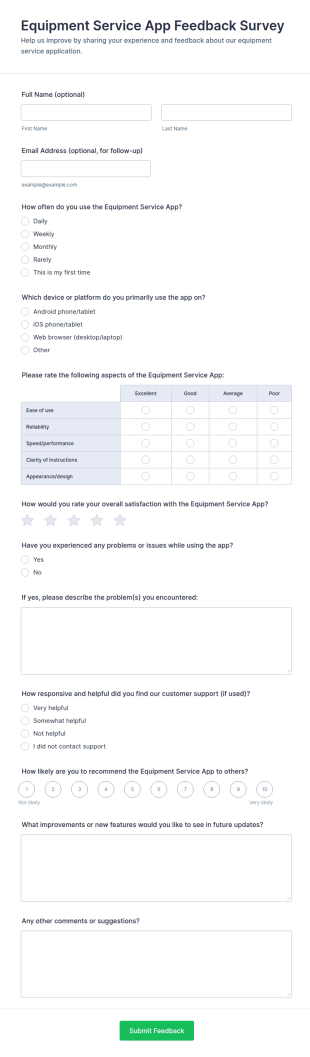 Equipment Service App Feedback Survey Form Template