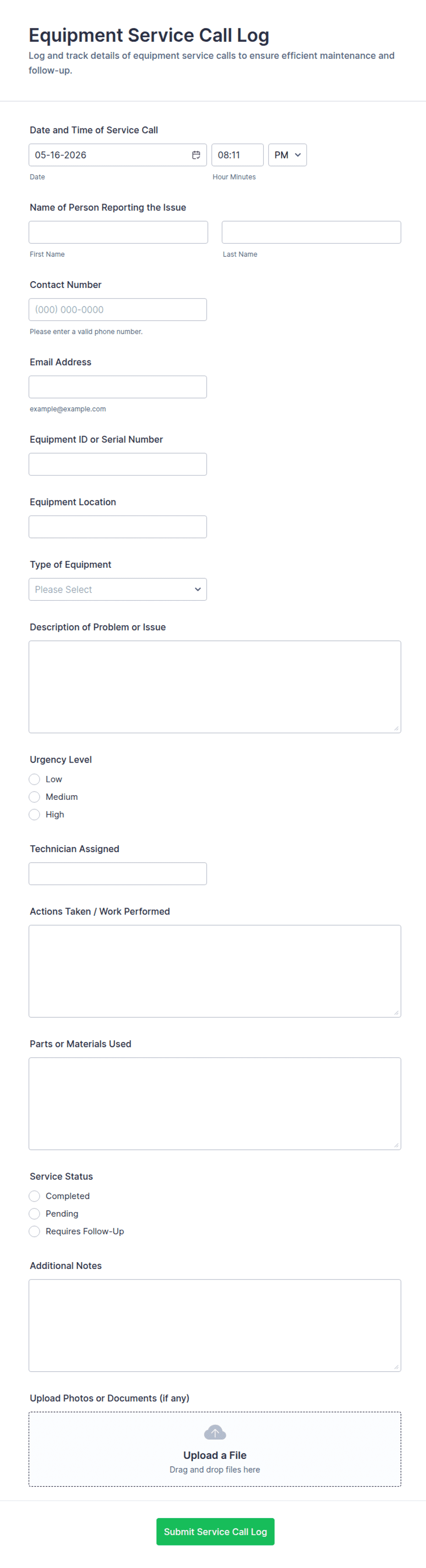 All Log Form Equipment Service Call Log Form Template | Jotform